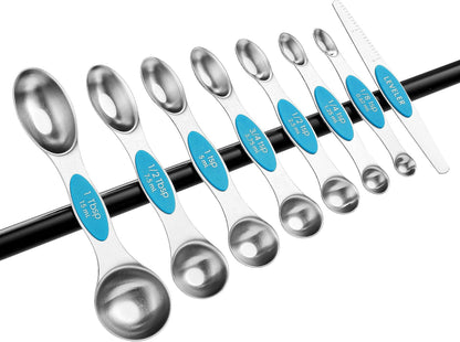 Spring Chef Stainless Steel Magnetic Measuring Spoons Set with Strong N45 Magnets, Heavy Duty Metal Kitchen Gadgets for Baking & Cooking, Fits in Most Kitchen Spice Jars, Set of 8 with Leveler, Black