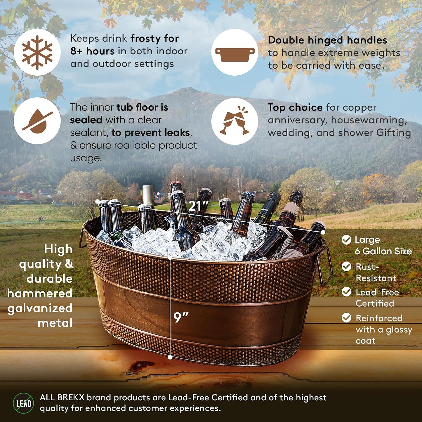 BREKX Aspen Heavy-Duty Oval Stainless Steel Drink Cooler for Parties - Metal Large Ice Bucket for Drinks, 25-Quart (30-Bottle) Large Cooler Ice Container for Parties