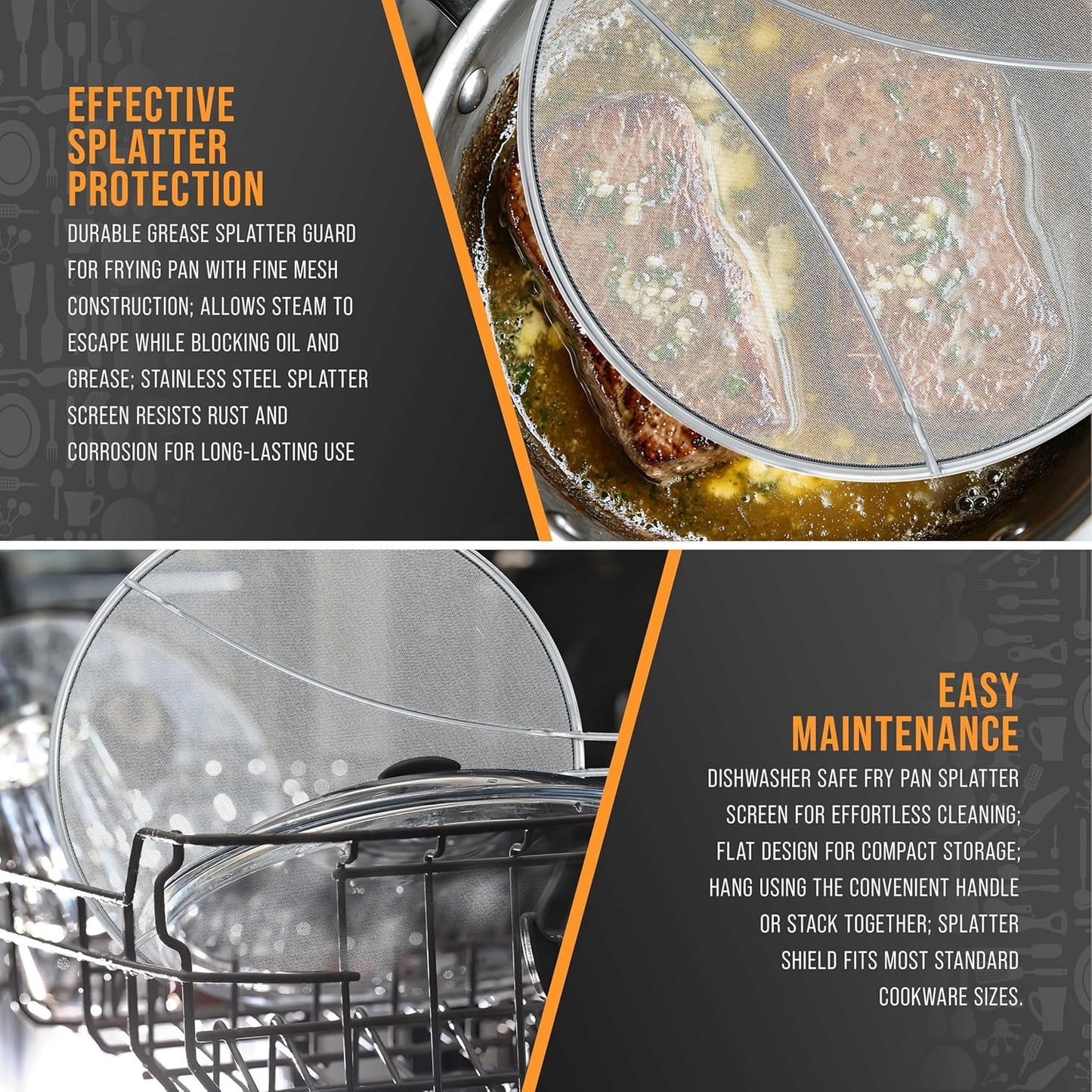 U.S. Kitchen Supply Set of 3 Stainless Steel Splatter Screen - 13", 11.5" & 9.5" Sizes - Fine Mesh Splatter Screen with Resting Feet Set, Grease Guard for Kitchen Pots and Pans
