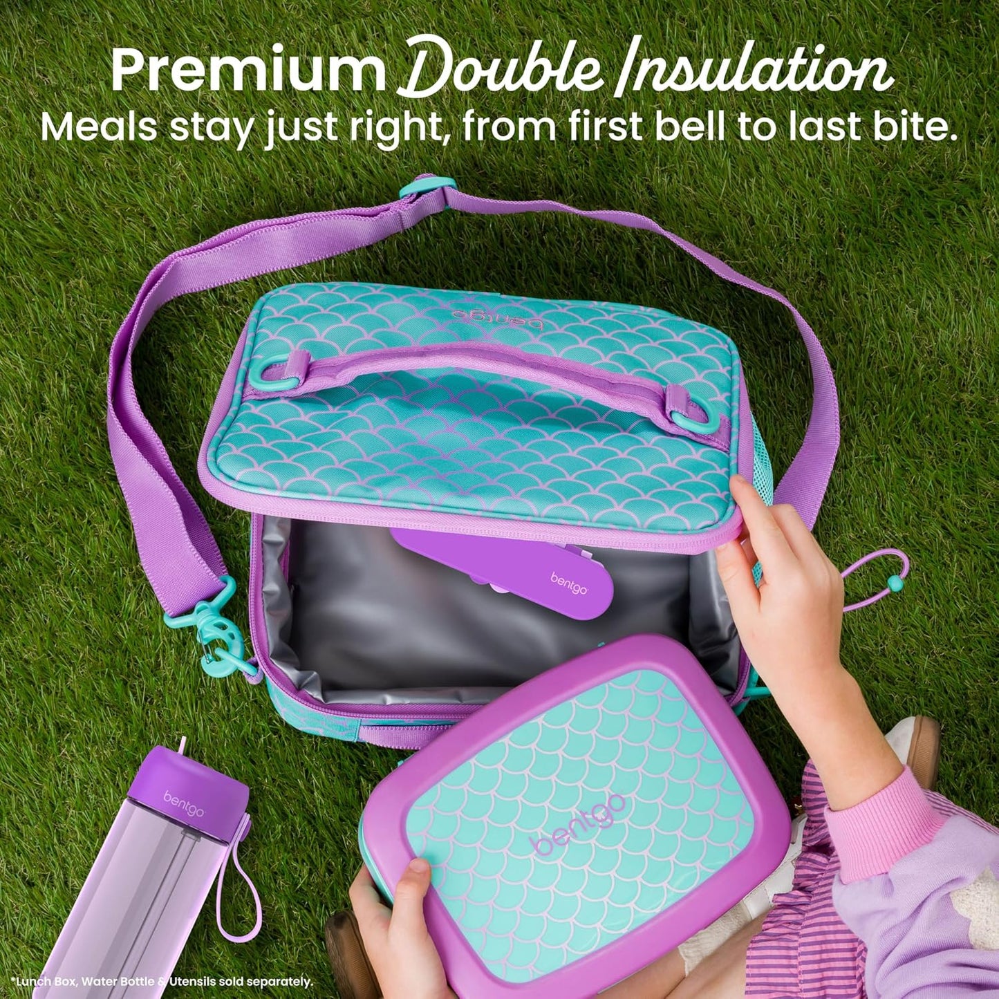 Bentgo Kids Lunch Bag - Durable, Double-Insulated Lunch Bag for Kids 3+; Holds Lunch Box, Water Bottle, & Snacks; Easy-Clean Water-Resistant Fabric & Multiple Zippered Pockets (Mermaid)