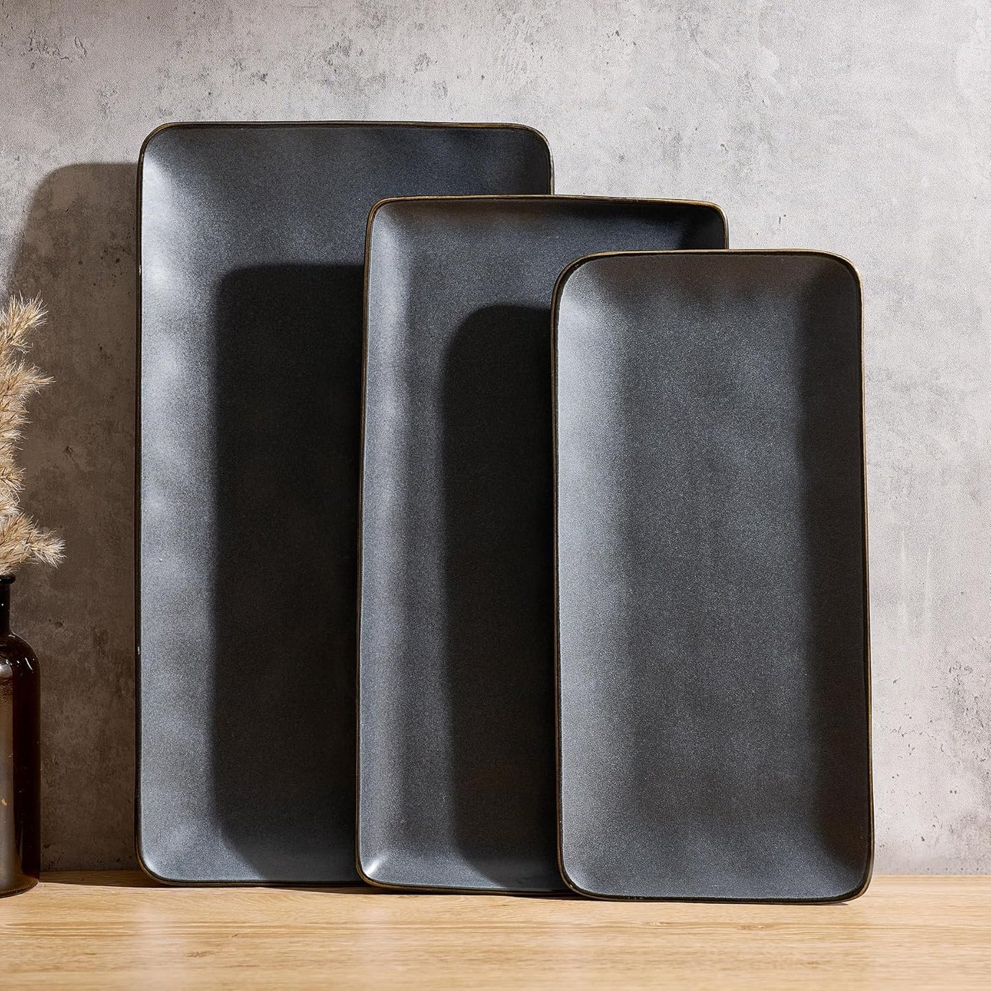 Famiware Serving Platter, Rectangular 15.67/14.1/12.6inch Serving Dishes for Entertaining, Microwave Dishwasher Safe, Stoneware Serving Trays for Party, Turkey, Cheese, Ocean Series, Cappuccino White