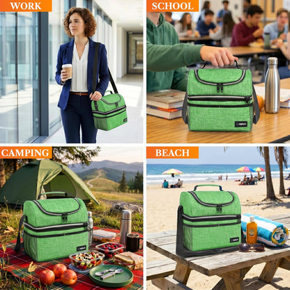 opux Insulated Lunch Bag for Men Women, Double Decker Leakproof Lunch Box Cooler Tote with Shoulder Strap, Large Lunchbox for Work School Travel Meal Prep, Adults Kids Boys Girls, Green, 16 Cans
