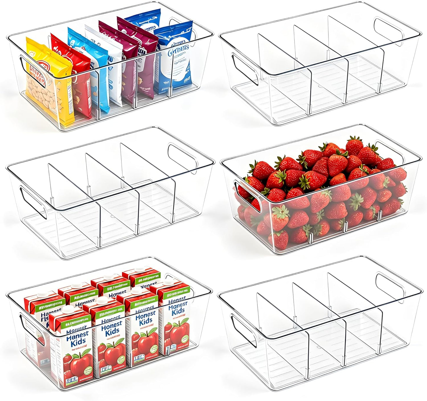 8 Pack Pantry Organizers and Storage, Food Storage Containers with 3 Removable Divider for Kitchen, Fridge, Cabinet Organization, Clear Plastic Storage Bins for Snacks, Spice Packets, Packets, Pouches