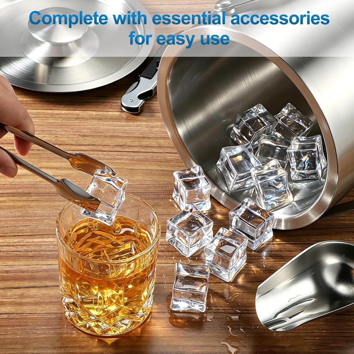 Kochorie 4L Portable Ice Buckets for Parties Double Wall Stainless Steel Ice Bucket with Lid, Scoop, Tongs, Bottle Opener Drink Vacuum Insulated Container for Freezer Cocktail Home Bar Accessories