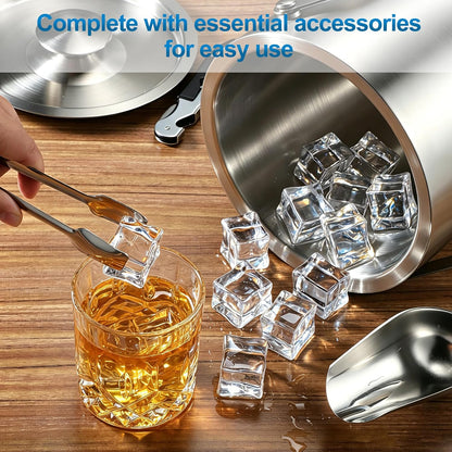 Kochorie 4L Portable Ice Buckets for Parties Double Wall Stainless Steel Ice Bucket with Lid, Scoop, Tongs, Bottle Opener Drink Vacuum Insulated Container for Freezer Cocktail Home Bar Accessories