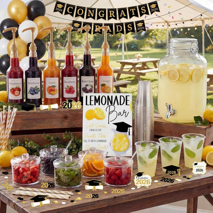 Jingmore 43 Pcs 2026 Graduation Freshly Lemonade Stand Complete Accessories Kit Lemon Bar Sign Class of 2026 Jar Drink Station Glass Beverage Dispenser Plastic Cup Jam Pump Head Party Decorations
