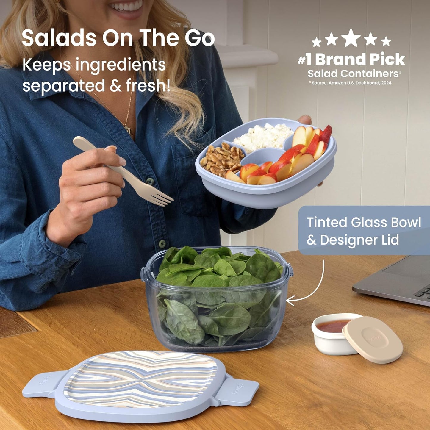 Bentgo Glass Salad Container - 7.6-Cup Salad Bowl with Airtight Lid, Leak-Proof Sauce Container, 4-Compartment Bento Tray & Reusable Fork - BPA-Free for Meal Prep, Office & More (Light Blue)