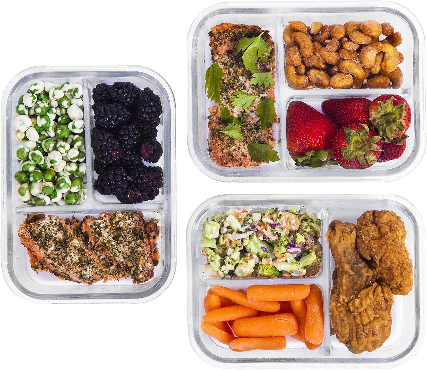 Glass Meal Prep Containers - 3-Compartment Glass Food Storage with Lids - Divided Lunch Containers - Bento Box