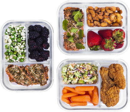 Glass Meal Prep Containers - 3-Compartment Glass Food Storage with Lids - Divided Lunch Containers - Bento Box