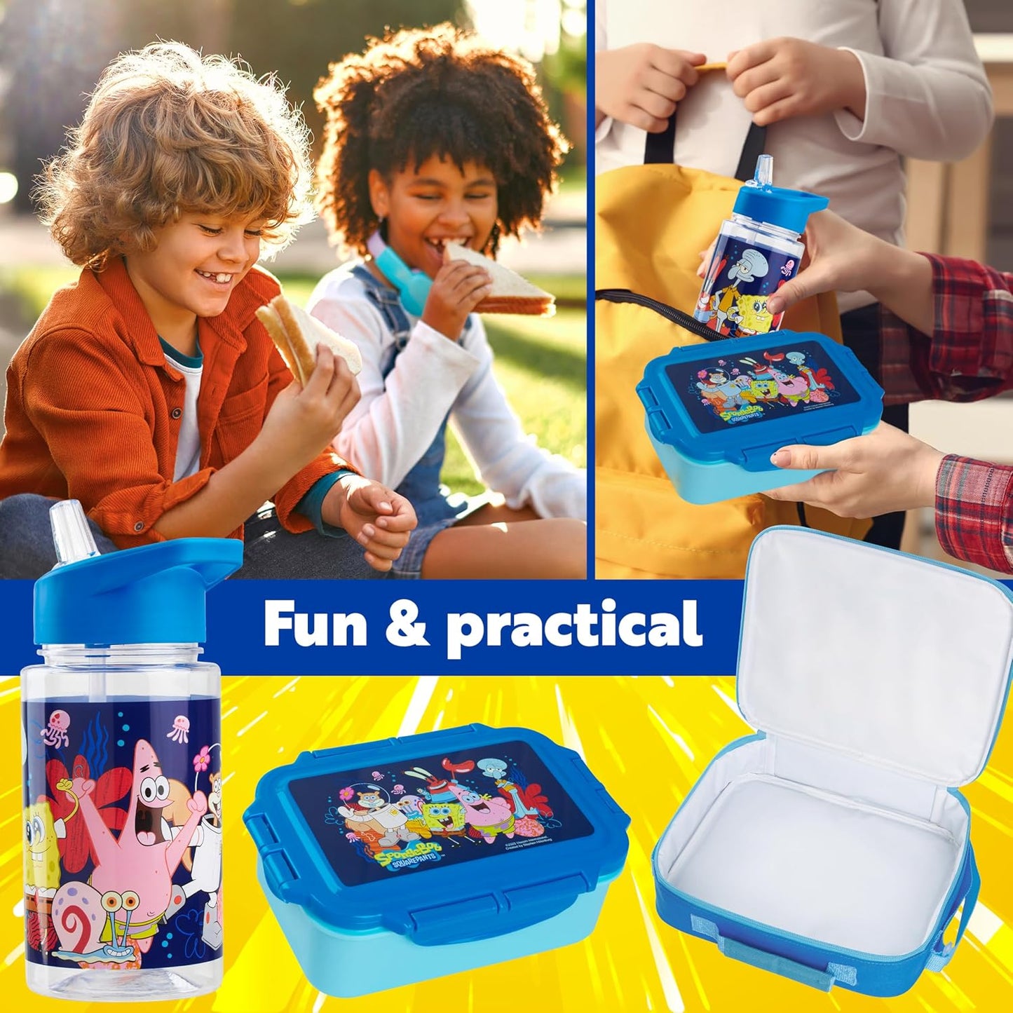 Get Trend SpongeBob Squarepants Water Bottle Lunch Box Lunch Bag Kids Set 3 Pcs Insulated Snack Bag for School Travel Gifts for Kids (Blue SpongeBob)