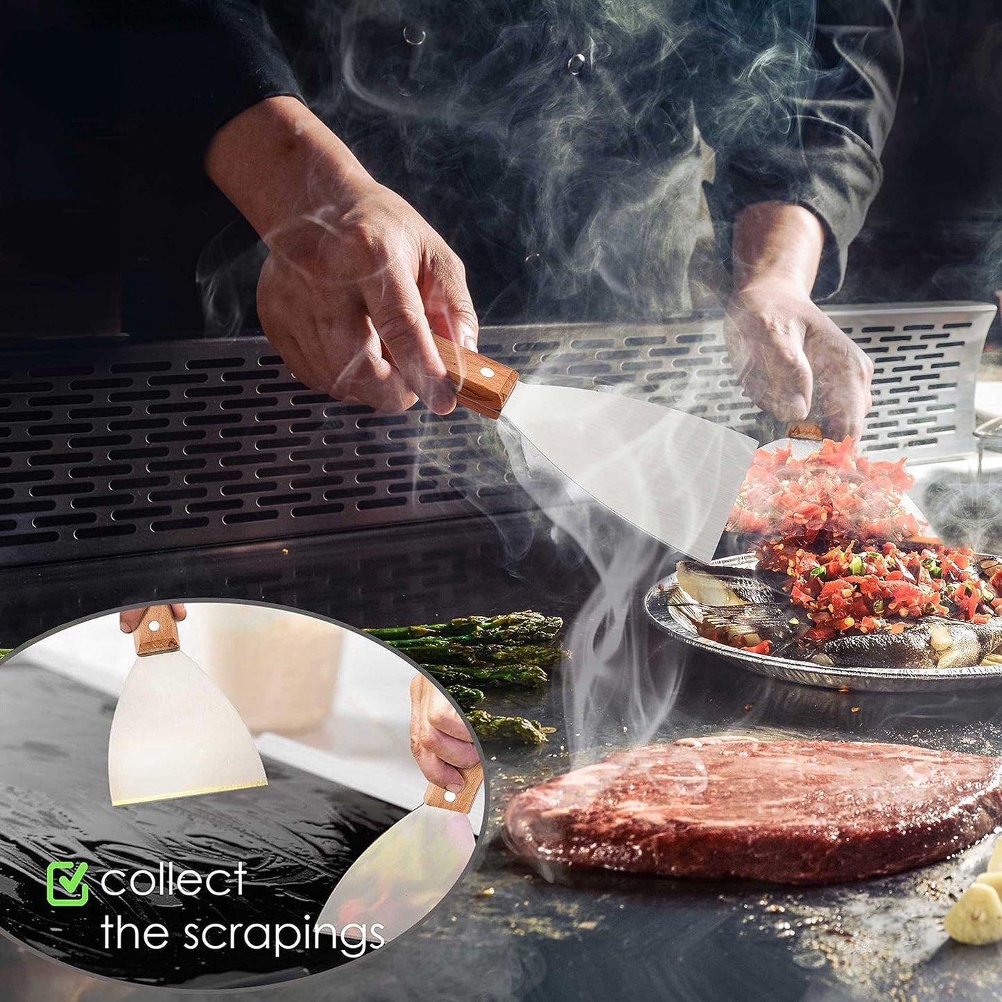 Grill Griddle Scraper Set of 2, Leonyo Stainless Steel Versatile Metal flat Top Grill Scraper for Dough Pancake Pizza Teppanyaki BBQ Home Baking Cooking, Slant Edge & Dishwasher Safe