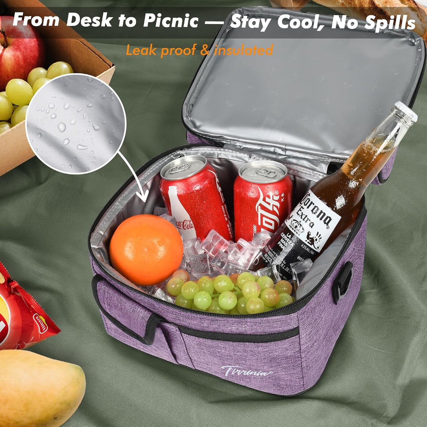 Tirrinia Reusable Lunch Box for Men Women, Insulated Lunch Bag Adult Work, Double Decker Leakproof Lunchbox for Office Picnic Beach—Dual Compartment Lunch Cooler Bag