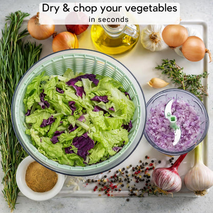Brieftons Salad Spinner and Chopper Combo: Large 6.34-Quart Lettuce Greens Vegetable Washer Dryer with Bonus 0.95-Quart Push Veggie Chopper Mixer, Storage Lids, Collapsible, No Electricity, Easy Prep