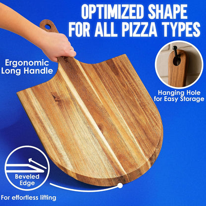16-Inch Wooden Pizza Peel, X-Large Paddle, Cutting & Serving Board w Handle