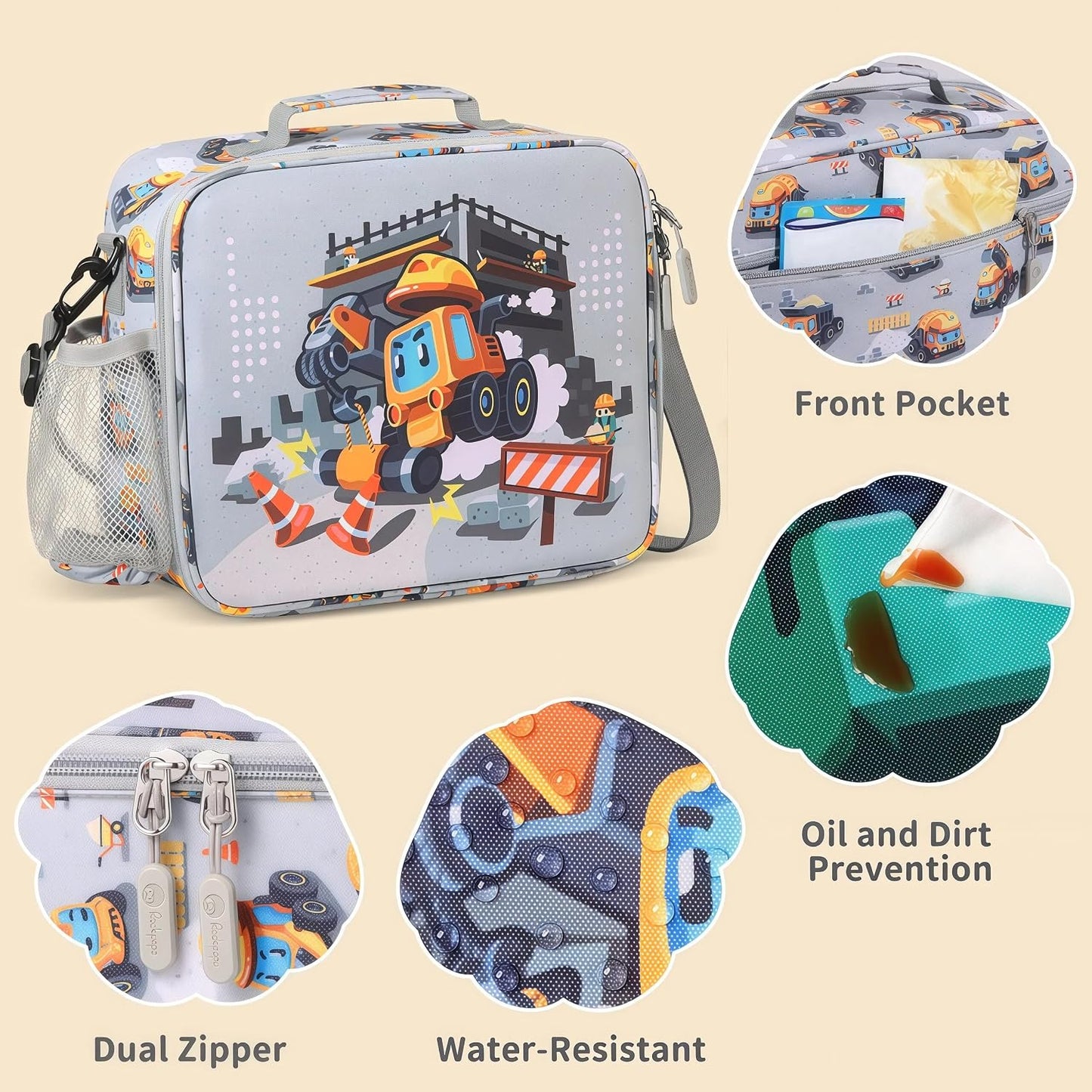rockpapa Kids Lunch Box Set with 14oz Insulated Water Bottle & Lunch Bag, Leakproof 5.5 Cups Bento Box for School & Children, BPA-Free, Microwave Safe for Boys Girls (Grey Constr Turcks)