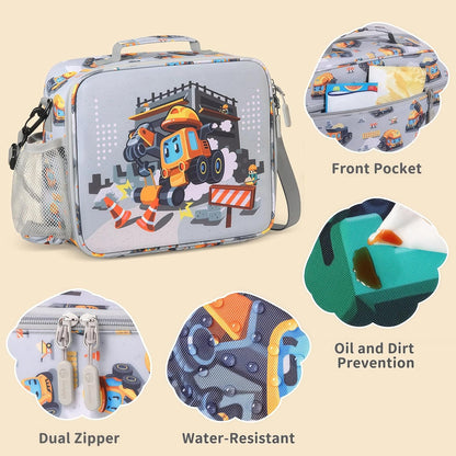 rockpapa Kids Lunch Box Set with 14oz Insulated Water Bottle & Lunch Bag, Leakproof 5.5 Cups Bento Box for School & Children, BPA-Free, Microwave Safe for Boys Girls (Grey Constr Turcks)