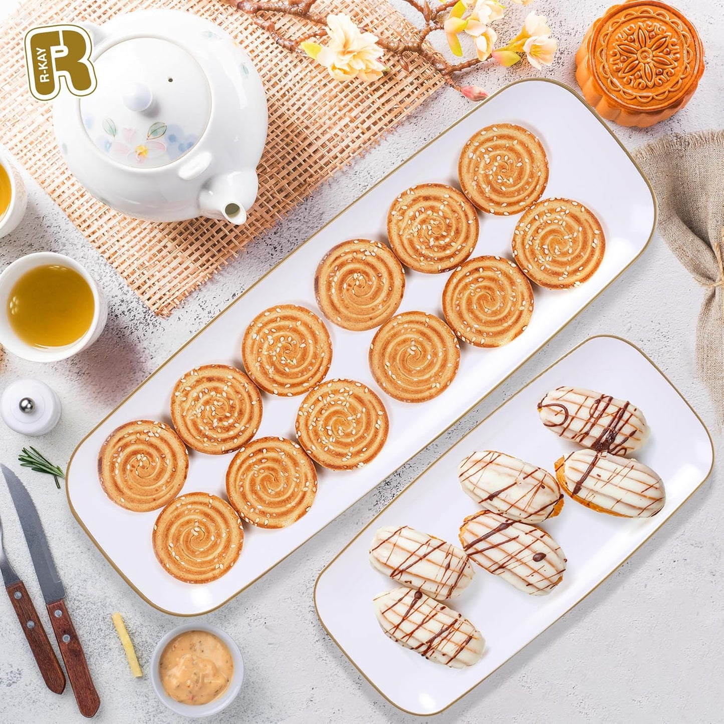 R-kay 4 Pack White Plastic Serving Trays for Party - White Serving Tray 17 by 6.5 in - Rectangular Heavy Duty Dessert Trays for Food