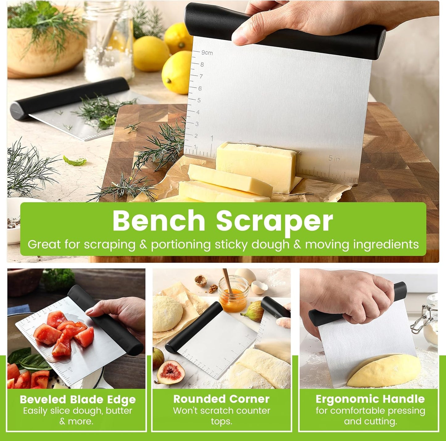 Spring Chef Dough Bench Scraper for Baking with Markings - Stainless Steel Kitchen Dough Cutter Tool with Bowl Pastry Scraper for Pizza, Bread, Pastries - Bench Knife - Dishwasher Safe - Black