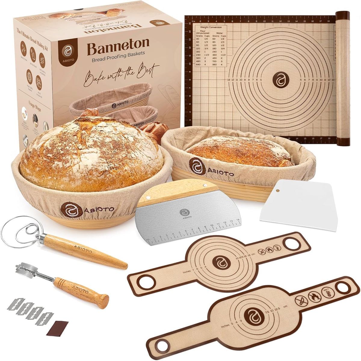 ABIOTO Banneton Baskets with Sourdough Bread Baking Supplies