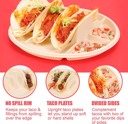 Small Disposable Taco Plates With Dipping Sides - 50 Pack, Biodegradable Cornstarch Taco Holder, Mini Size Fit 4-6 Inch Street Tortilla Shells, Sturdy & Microwave Safe, Bar Serving Set For A Party