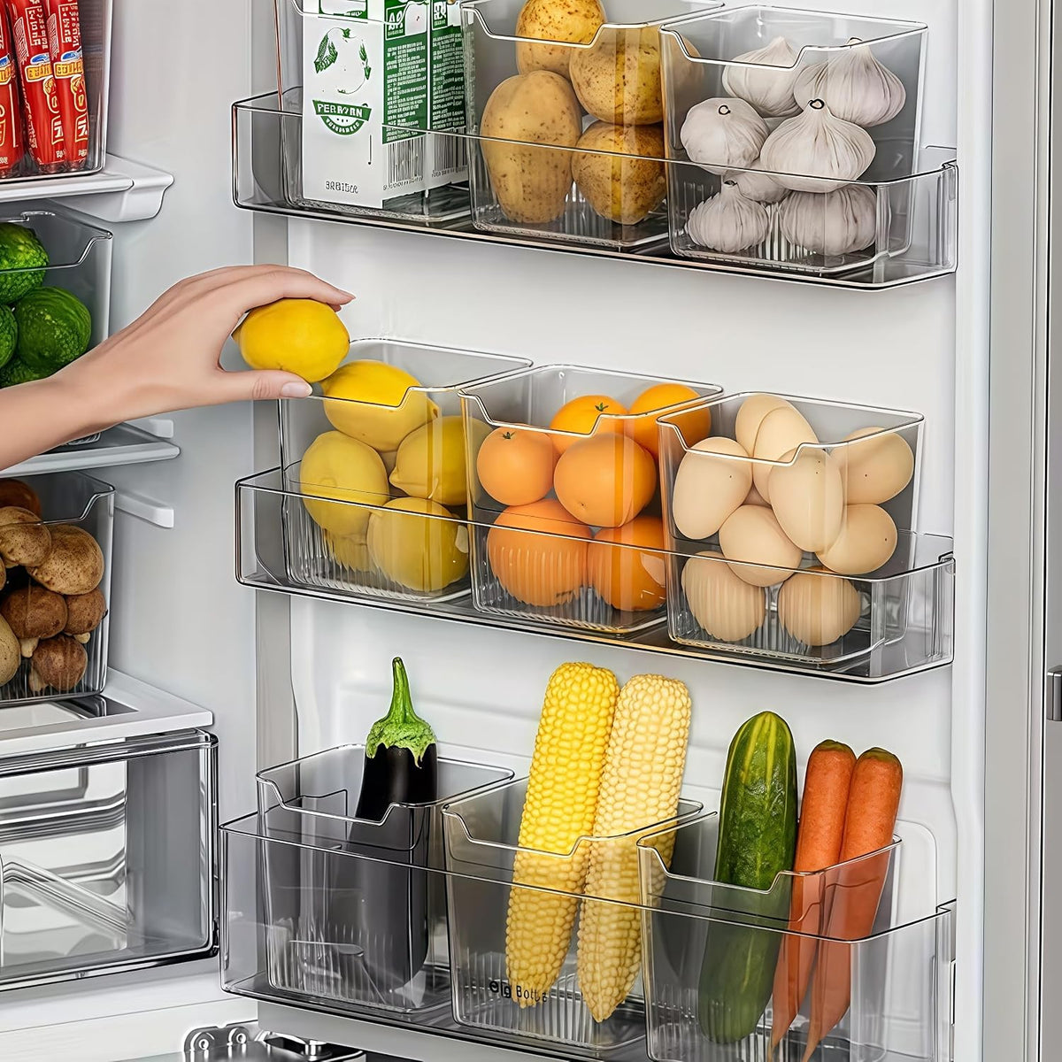 4PCS Refrigerator Storage Bins Clear Plastic Stackable Organizer for Side Door Shelves, Fruits Vegetables Eggs, Kitchen Organization, Transparent