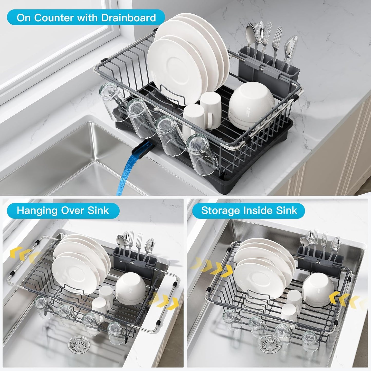 JASIWAY Dish Drying Rack in Sink, Dish Drainer with Cup and Utensil Holder