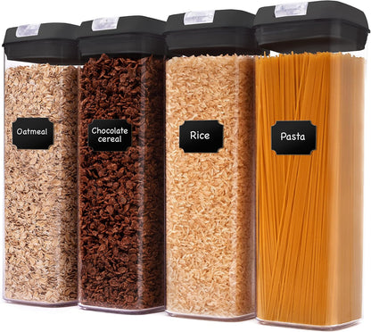 Cheer Collection One Size Airtight Food Storage Containers - Set of 4 IDENTICAL 65 oz Pantry Organizer Bins plus Marker and Labels - Black Lids