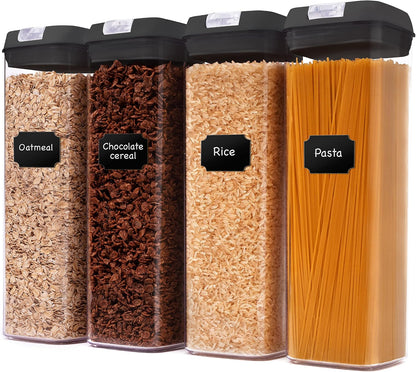 Cheer Collection One Size Airtight Food Storage Containers - Set of 4 IDENTICAL 65 oz Pantry Organizer Bins plus Marker and Labels - Black Lids