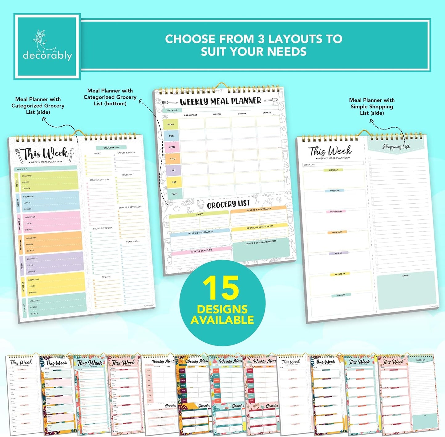 Decorably 52 Sheets Pastel Rainbow Weekly Meal Planner for Fridge with 4 Strong Magnets - 6x9in Spring-Bound Refrigerator Mountable, Easy Tear-Off Design, Track Food, Drinks, & Home Supplies