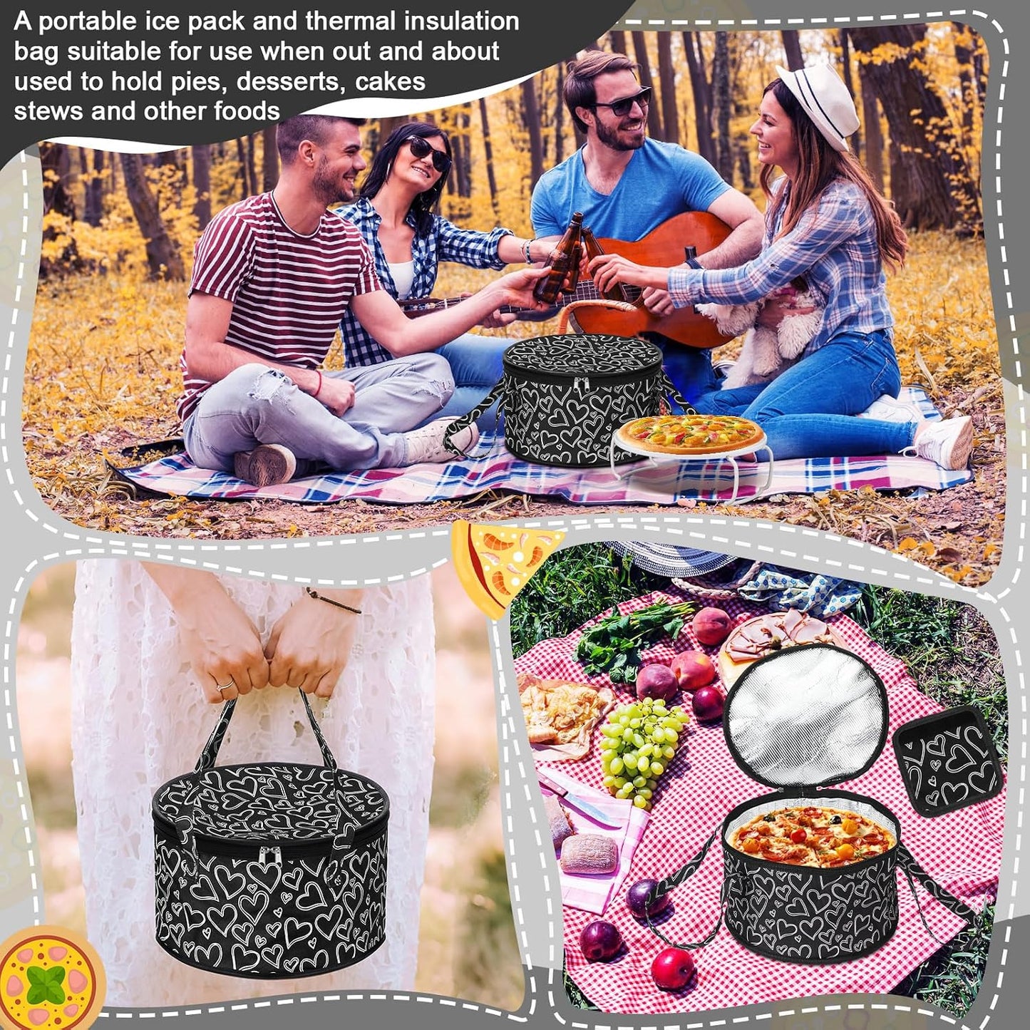 Pickmesh Round Pie Carrier 12 x 7 Inch Insulated Casserole Carriers with Lid and Detachable Handle for Hot or Cold Food Cake Transport Thanksgiving Christmas Gift(Cyan White Zigzag)