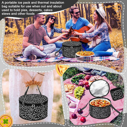 Pickmesh Round Pie Carrier 12 x 7 Inch Insulated Casserole Carriers with Lid and Detachable Handle for Hot or Cold Food Cake Transport Thanksgiving Christmas Gift(Cyan White Zigzag)