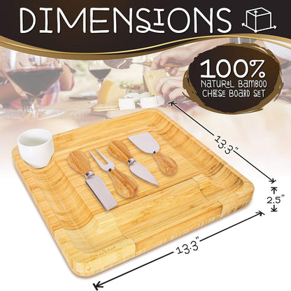 NutriChef Bamboo Natural Cheese Board Set with Bonus Condiment Cup-Extra Large Size 100% Home Organic Wooden Plate and Charcuterie Tray with 4 pcs Cutting Knife Slicer, 13" Round