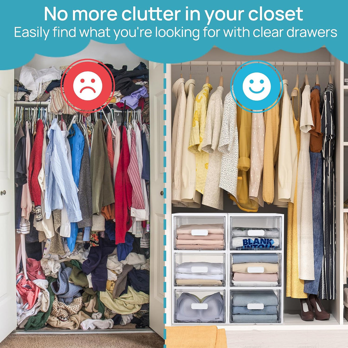 Vtopmart 2 Pack Clear Stackable Storage Drawers 15QT, Easily Assemble Closet Organizers,Plastic Storage Bins for Bathroom,Cabinet,Kitchen Pantry,Under Sink Organization(Medium)