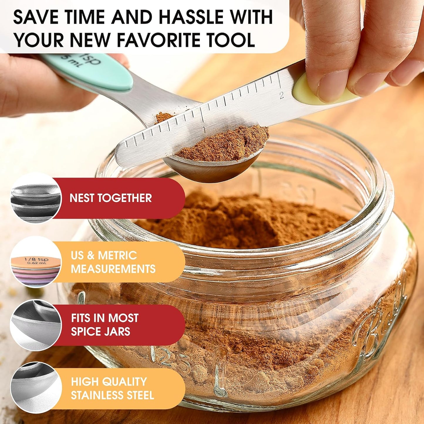 Spring Chef Stainless Steel Magnetic Measuring Spoons Set with Strong N45 Magnets, Heavy Duty Metal Kitchen Gadgets for Baking & Cooking, Fits in Most Kitchen Spice Jars, Set of 8 with Leveler, Black