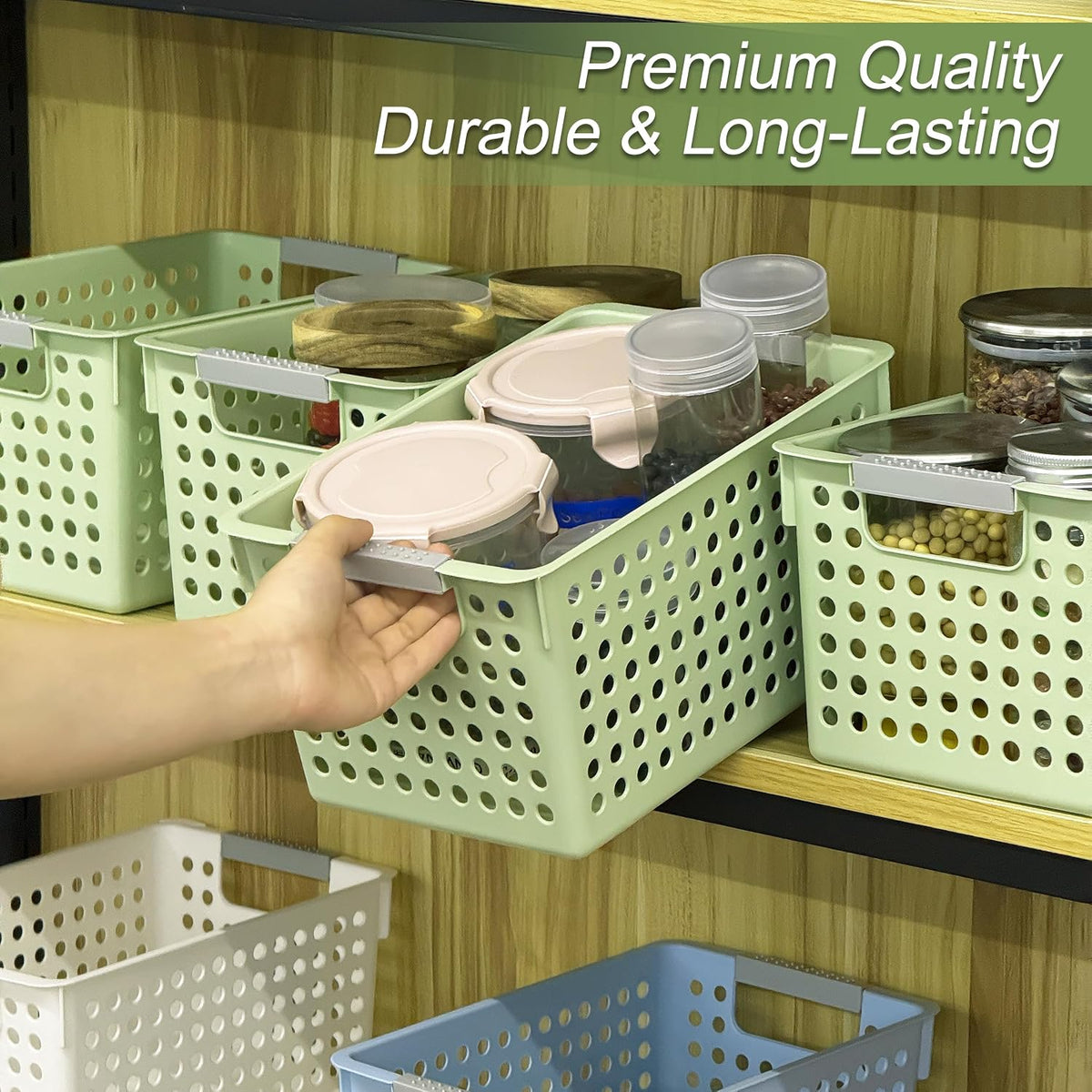Soddeph 4 Pack Plastic Storage Basket with Handles, Small Deep Organizer Bin with Hollow Design for Under Counter, Shelf, Closet, Kitchen or Bathroom (White, Small)