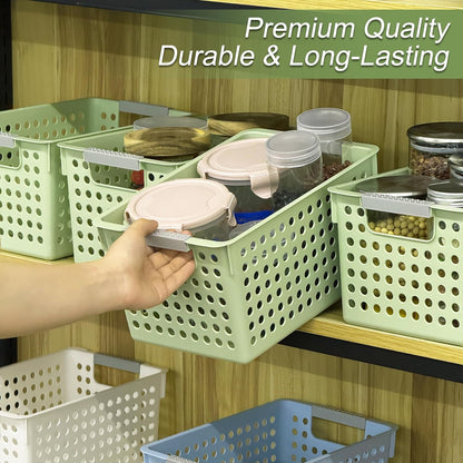 Soddeph 4 Pack Plastic Storage Basket with Handles, Small Deep Organizer Bin with Hollow Design for Under Counter, Shelf, Closet, Kitchen or Bathroom (White, Small)