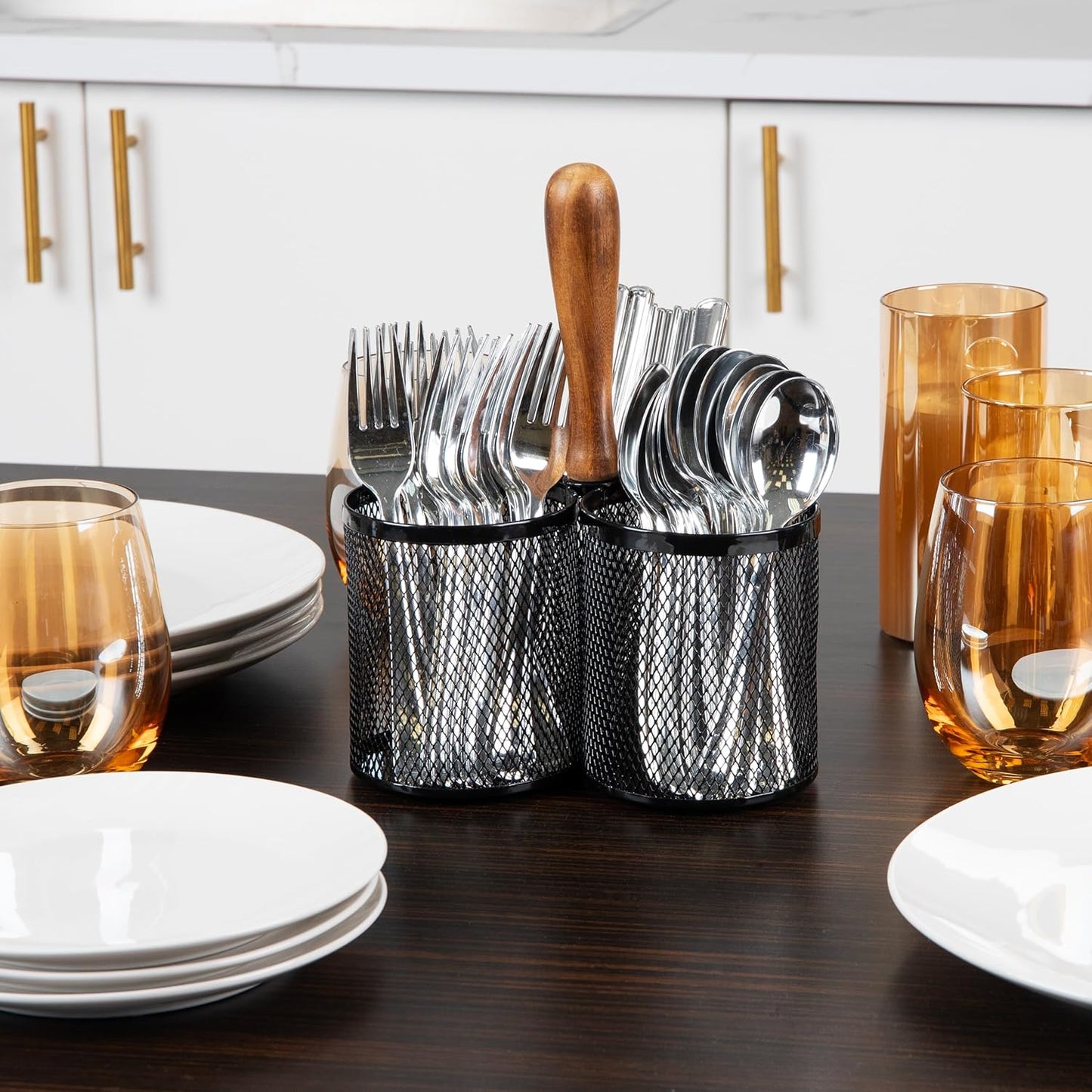 Mind Reader Utensil Holder, Silverware Organizer, Caddy, Cutlery Holder, Kitchen, Metal Mesh, 7.5"L x 7.5"W x 9.75"H, Black