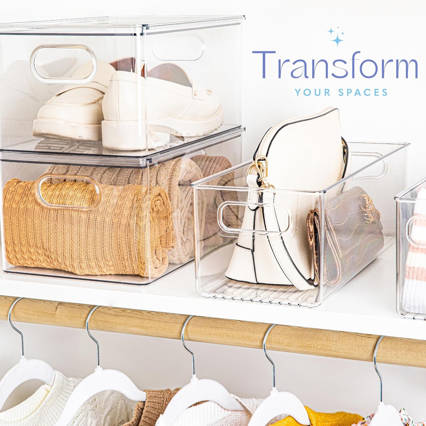 Plastic Food Storage 4 Pack Clear Container Bin with Handles for Organizing Kitchen, Pantry, Refrigerator, Freezer, Pantry, Cabinet, Closet, Bathroom. Stackable 10”x6”x3”