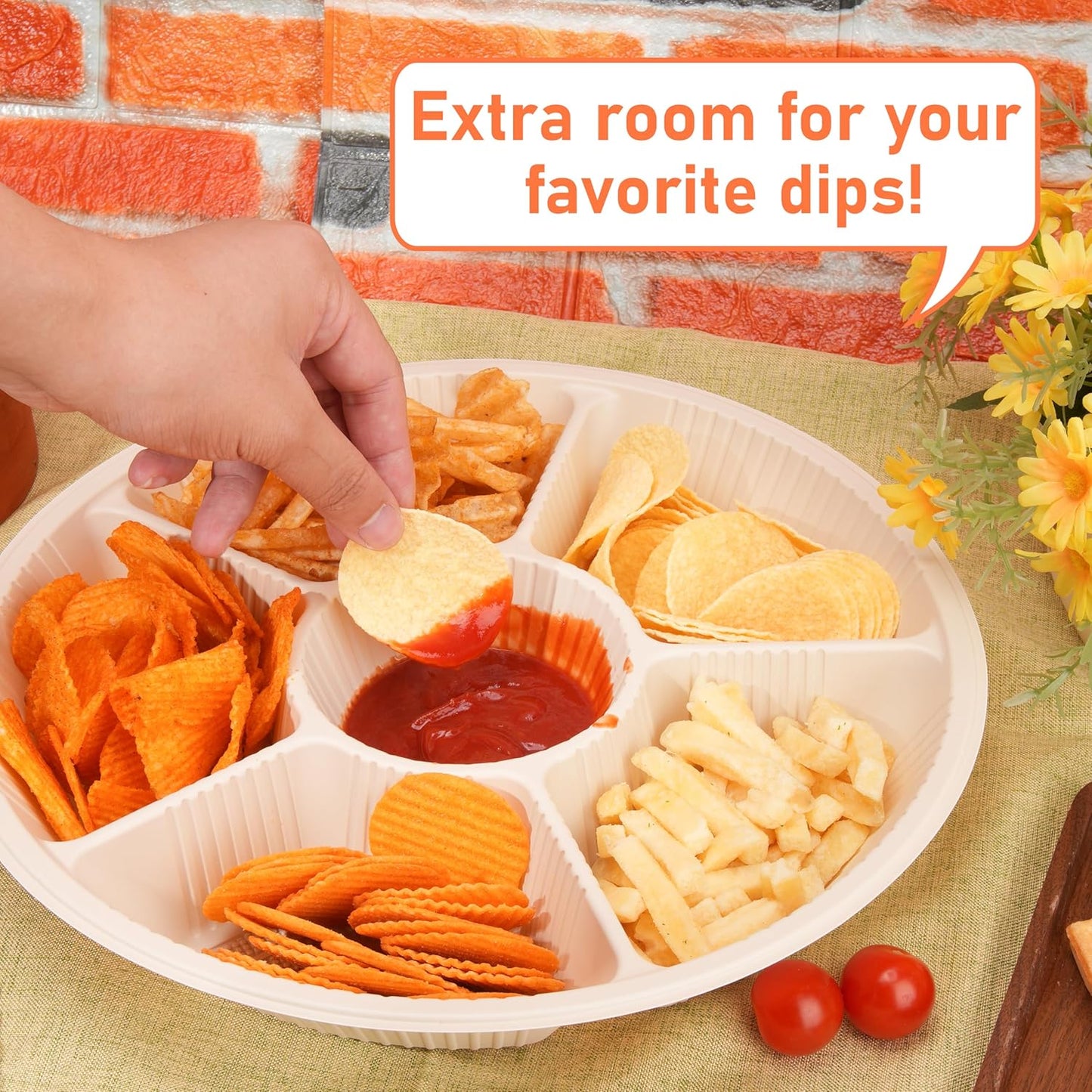40 Pcs Disposable Divided Plates with 6 Deep Compartments, 12 Inch Large Disposable Sectional Plates, Biodegradable Cornstarch Divided Serving Tray for Party - Microwave Safe