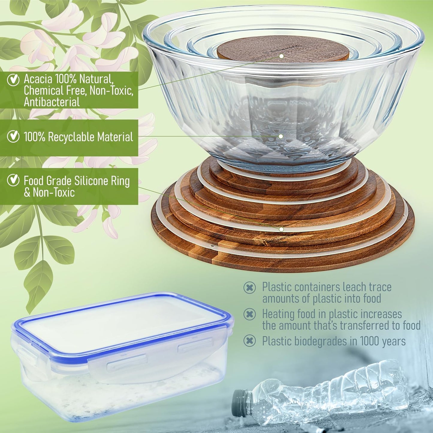Set of 4 Stackable Space-Saving Nesting Glass Bowls with Airtight Acacia Lids for Lunch, Meal & Food Prep - Microwave & Oven-ready BPA Free Durable Heat Resistant Inert Borosilicate Glass