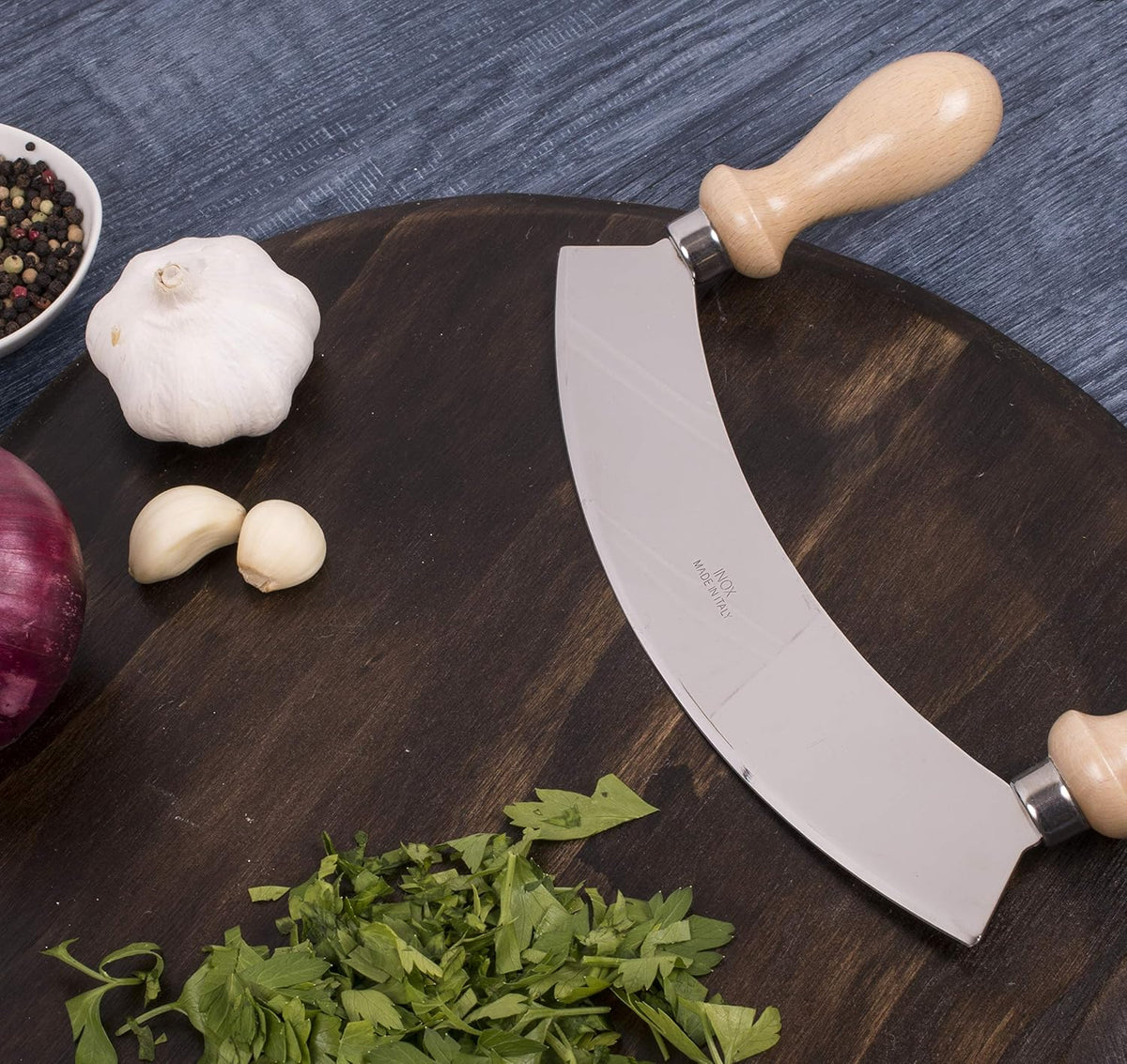 Fantes Mezzaluna Rocking Chopper, Stainless Steel Blade with Beechwood Handles, 9.5-Inch Blade, The Italian Market Original since 1906
