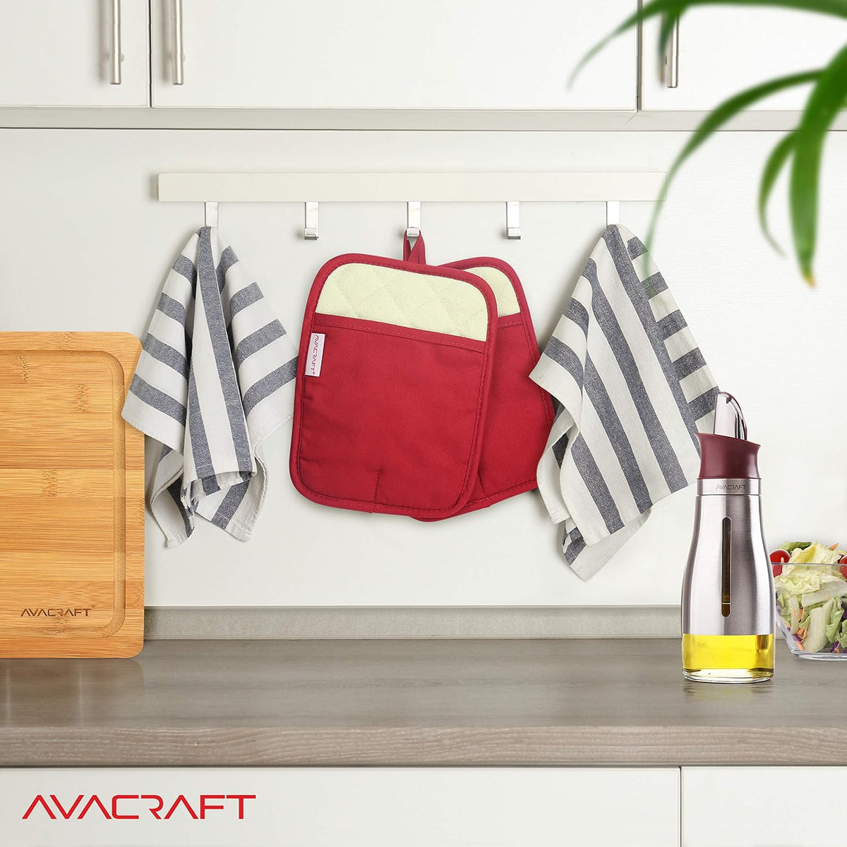 AVACRAFT Oven Mitts Pair, Flexible, 100% Cotton with Unique Heat Resistant Food Grade Silicone, Thick Terry Cloth Interior, 500 F Heat Resistant (Red Oven Mitts)