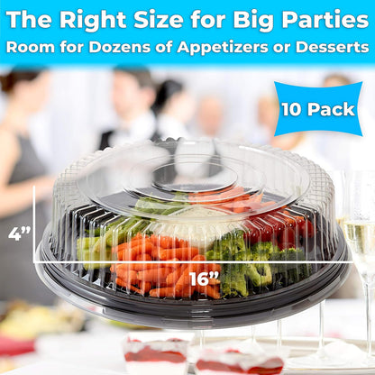 Avant Grub Heavy Duty, Recyclable 12 in. Serving Tray and Lid 5pk. Large, Black Plastic Party Platters with Clear Lids Dishware Plate, Elegant Round Banquet or Catering Trays for Serving Appetizers