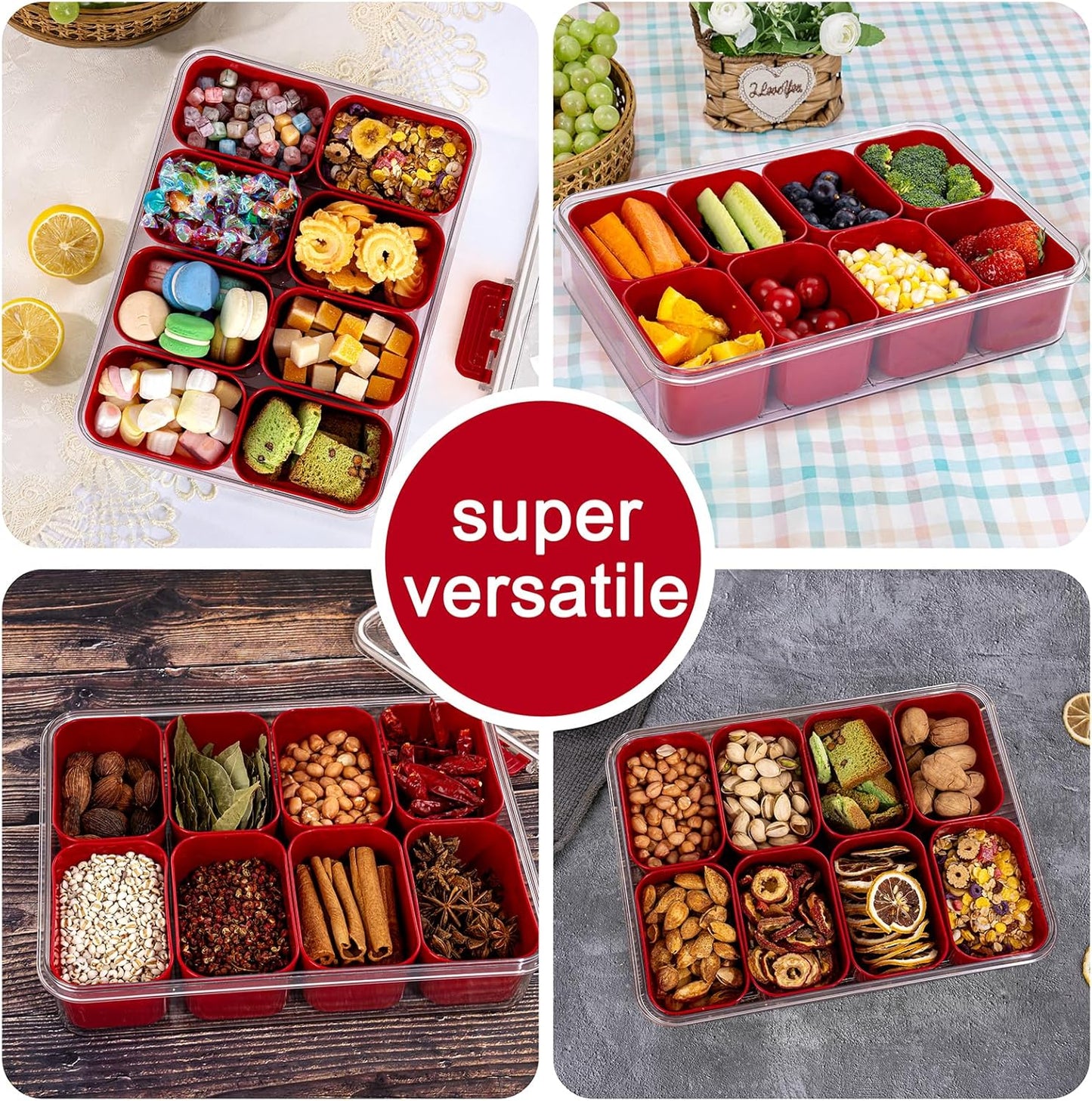 U-QE Dishwasher Safe Snackle Box Container with 8 Small Snacks Box - Premium Ivory Plastic Divided Serving Tray with Lid and Handle for Snack, Veggie, Fruits, Perfect for Party, Picnic, Entertaining