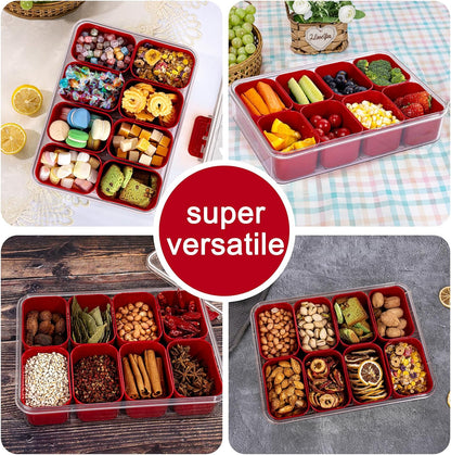 U-QE Dishwasher Safe Snackle Box Container with 8 Small Snacks Box - Premium Ivory Plastic Divided Serving Tray with Lid and Handle for Snack, Veggie, Fruits, Perfect for Party, Picnic, Entertaining