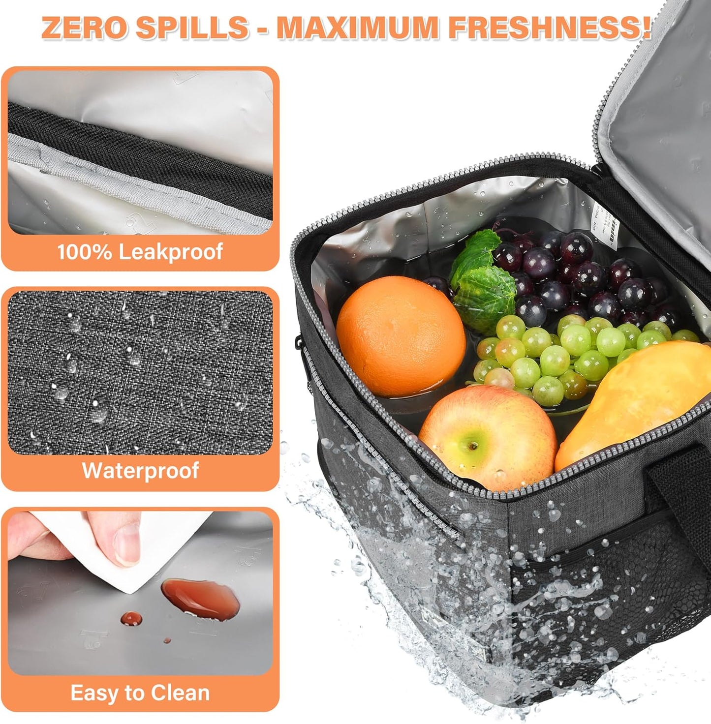 Tirrinia Insulated Lunch Box for Men/Women, Leakproof Lunch Bag for School Work, Large Lunch Tote Kids Boys Girls Student Back to School, Soft Cooler Office Picnic Beach Camping for Adults, Charcoal