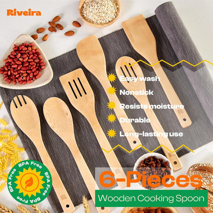 Riveira Dark Bamboo Wooden Spoons for Cooking 6-Piece, Apartment Essentials Wood Spatula Spoon Nonstick Kitchen Utensil Set Premium Quality Housewarming Gifts for Everyday Use