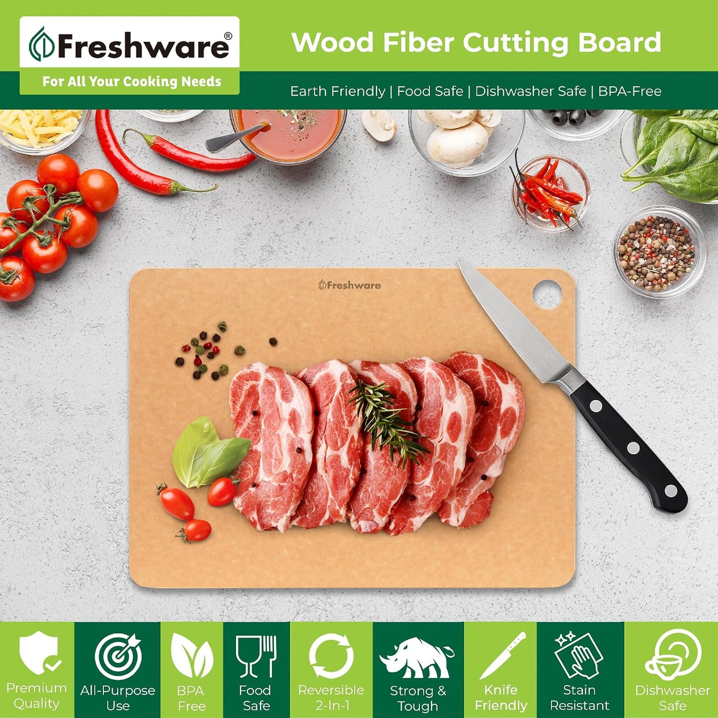 Freshware Wood Cutting Boards for Kitchen, Juice Groove, Non-Slip Silicone Feet, Dishwasher Safe, Medium 12" x 9" and Large, 15" x 11.25", Set of 2, Natural