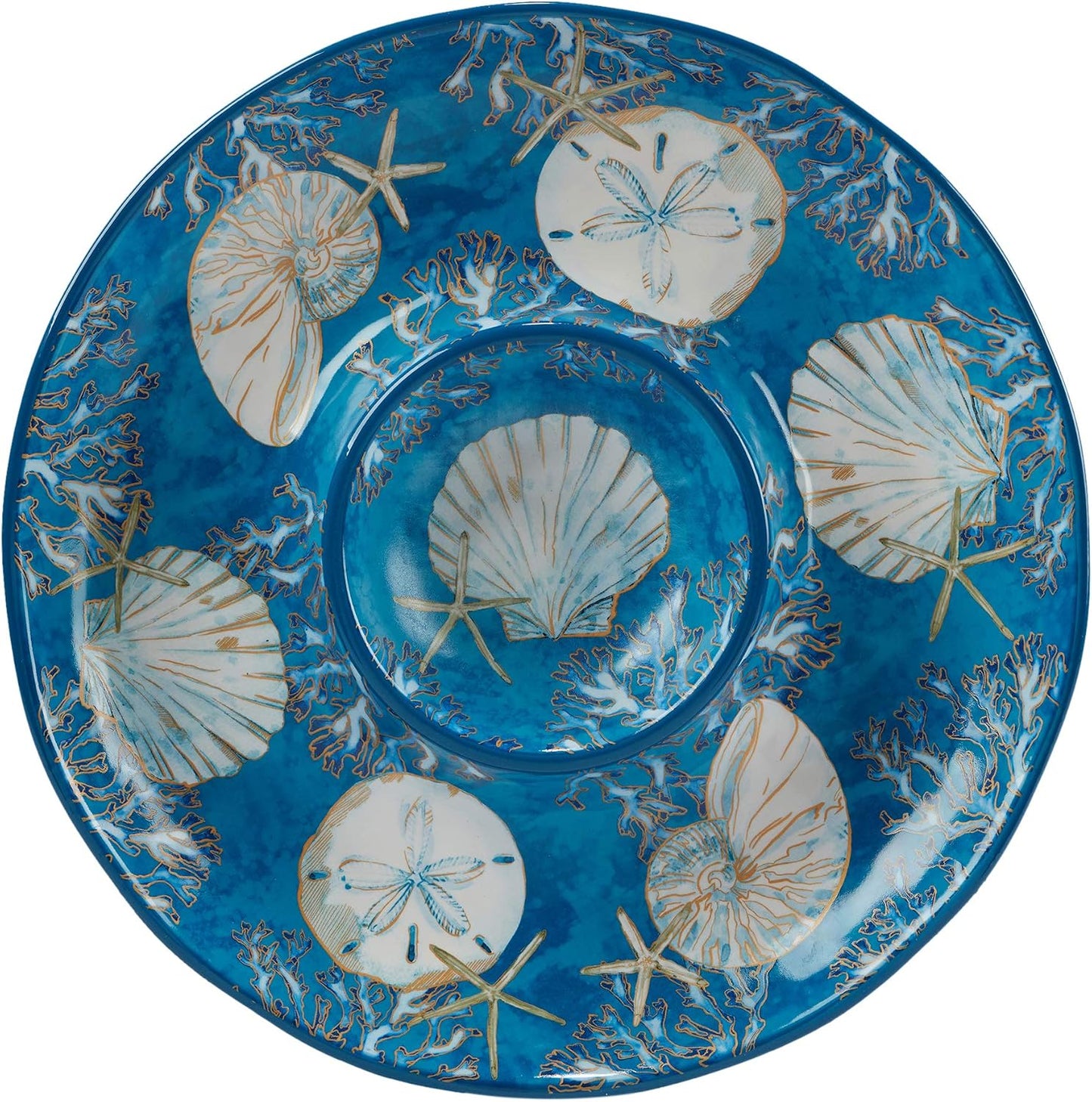 Playa Shells Coastal Ceramic Chip & Dip Platter – 13.5" Ocean-Themed Party Server for Chips, Veggies, Fruit, Crackers, and Appetizers
