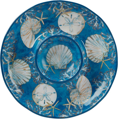 Playa Shells Coastal Ceramic Chip & Dip Platter – 13.5" Ocean-Themed Party Server for Chips, Veggies, Fruit, Crackers, and Appetizers